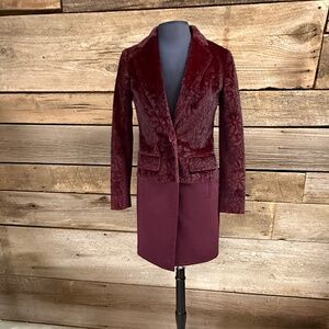 W By Worth Long Jacket with sheared faux fur floral pattern, XP, Burgundy